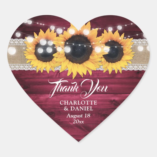 Burgundy Wood Burlap Lace Sunflower Wedding Favor Heart Sticker (Front)