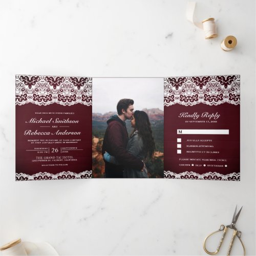 Burgundy Wood Country Lace All in One Wedding Tri_Fold Invitation