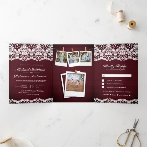 Burgundy Wood Country Lace Photo Collage Wedding Tri_Fold Invitation