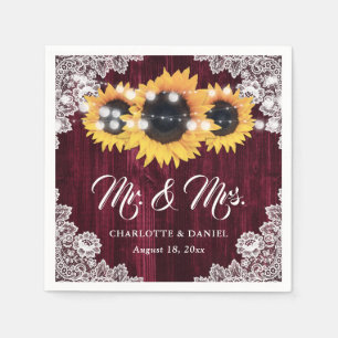 Burgundy Wood Floral Lace Sunflower Wedding Napkins
