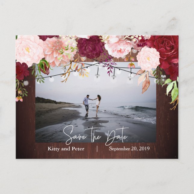 Burgundy Wood Floral Wedding Save The Date Announcement Postcard (Front)