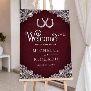 Burgundy Wood Horseshoe Lace Wedding Welcome Sign