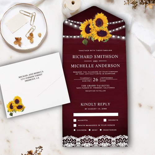 Burgundy Wood Lace String Lights Sunflower Wedding All In One Invitation