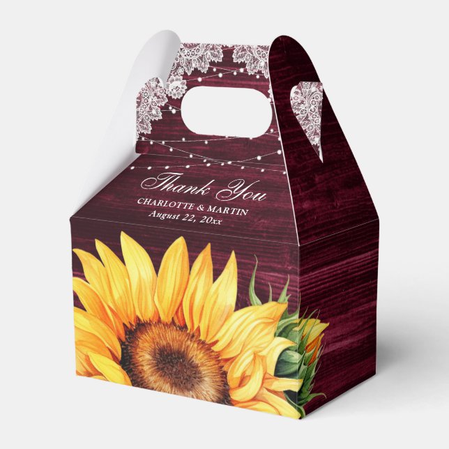 Burgundy Wood Lace String Lights Sunflower Wedding Favor Boxes (Front Side)