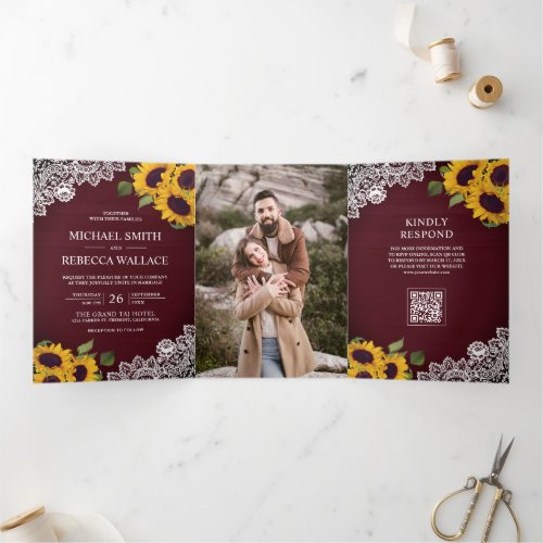 Burgundy Wood Lace Sunflower Photo QR Code Wedding Tri-Fold Invitation