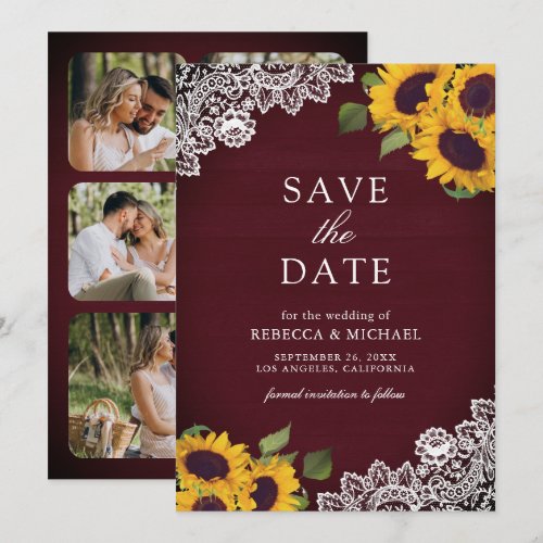 Burgundy Wood Lace Sunflower Wedding Photo Save The Date