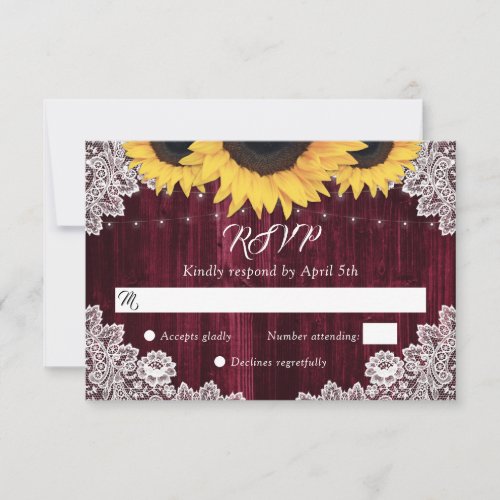 Burgundy Wood Lace Sunflower Wedding RSVP Cards