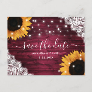 Burgundy Wood Lace Sunflower Wedding Save The Date Announcement Postcard