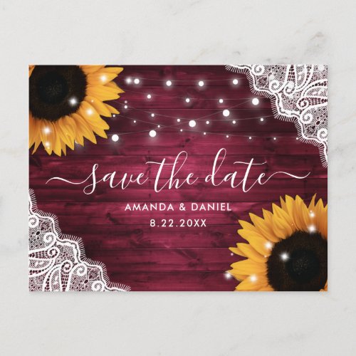 Burgundy Wood Lace Sunflower Wedding Save The Date Announcement Postcard