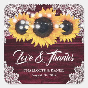 Burgundy Wood Lace Sunflower Wedding Thank You Square Sticker