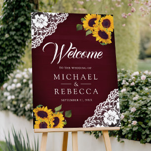Burgundy Wood Lace Sunflower Wedding Welcome Sign