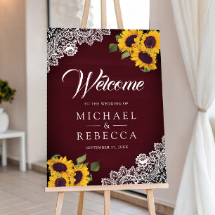 Burgundy Wood Lace Sunflowers Wedding Welcome Sign