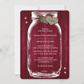Burgundy Wood Mason Jar Rustic Fall Wedding Invitation