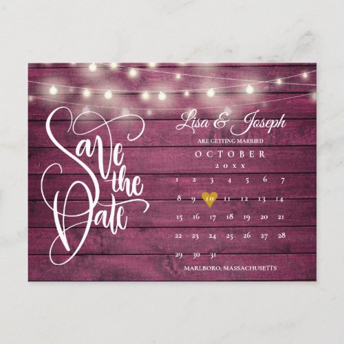 Burgundy Wood String Lights Calendar Save the Date Announcement Postcard