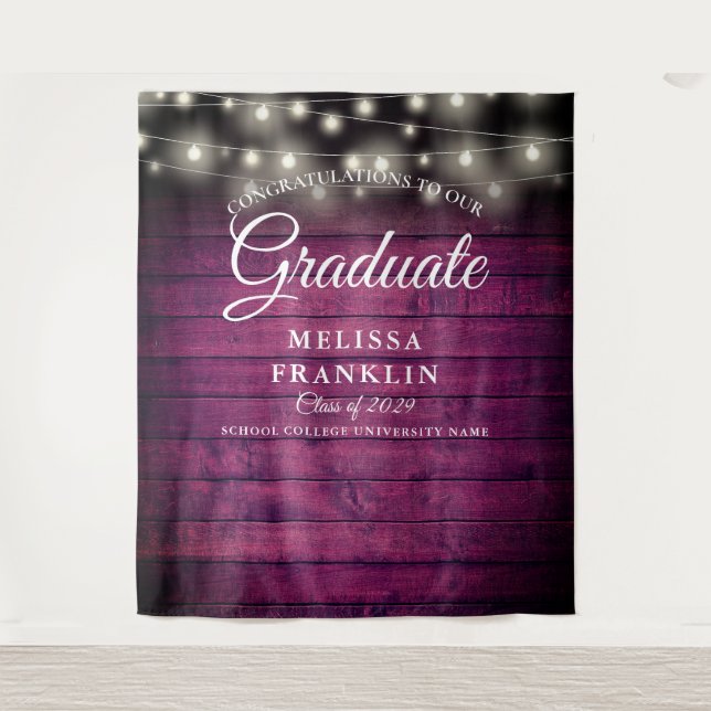 Burgundy Wood String Lights Graduation Backdrop (Front)