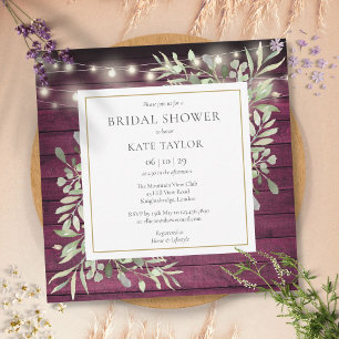 Burgundy Wood String Lights Greenery Bridal Shower Invitation
