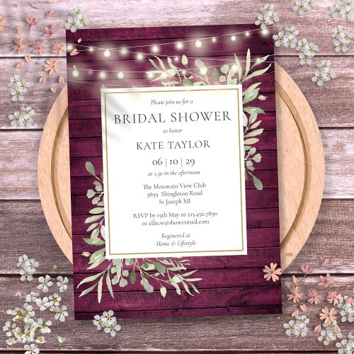 Burgundy Wood String Lights Greenery Bridal Shower Invitation