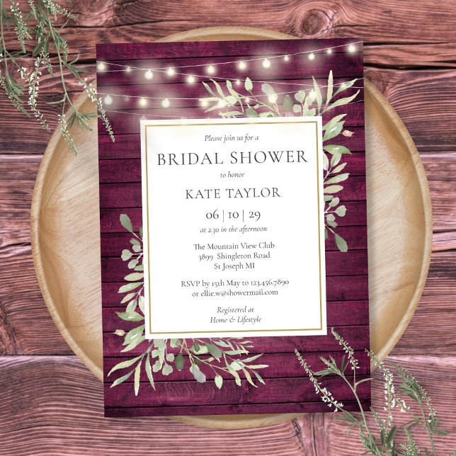 Burgundy Wood String Lights Greenery Bridal Shower Invitation (Burgundy Wood String Lights Greenery Bridal Shower Invitation)