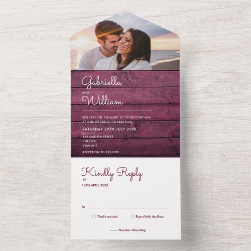 Burgundy Wood String Lights Photo Wedding All In One Invitation