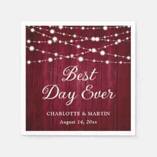 Burgundy Wood String Lights Rustic Wedding Napkins