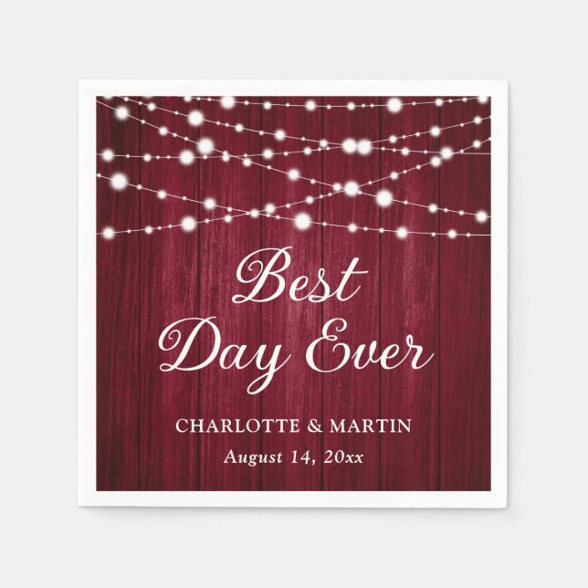 Burgundy Wood String Lights Rustic Wedding Napkins (Front)