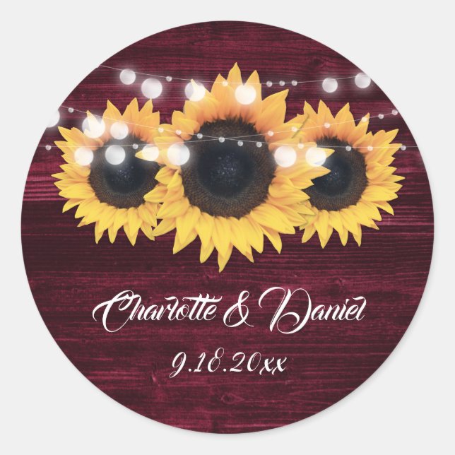 Burgundy Wood String Lights Sunflower Wedding Classic Round Sticker (Front)