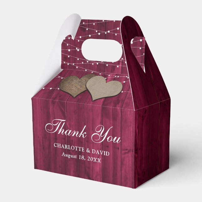 Burgundy Wood String Lights Wedding Thank You Favor Boxes (Front Side)