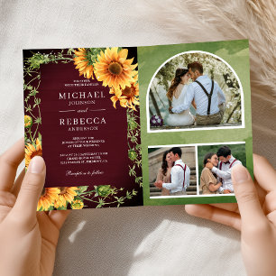 Burgundy Wood Sunflower Photo Arch QR Code Wedding Invitation