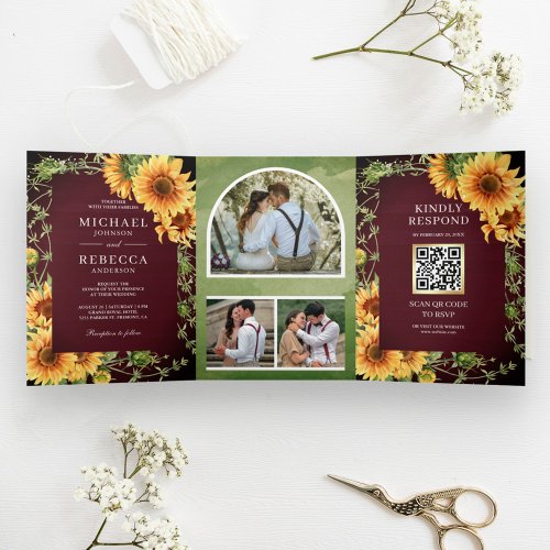 Burgundy Wood Sunflower Photo Arch QR Code Wedding Tri_Fold Invitation