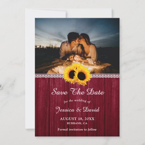 Burgundy Wood Sunflower Photo Save The Date Cards