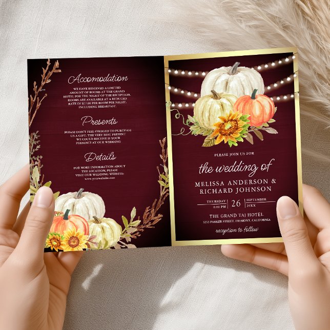 Burgundy Wood Sunflower Pumpkin QR Code Wedding Invitation (Creator Uploaded)
