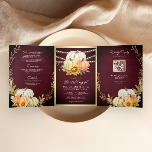 Burgundy Wood Sunflower Pumpkin QR Code Wedding Tri_Fold Invitation