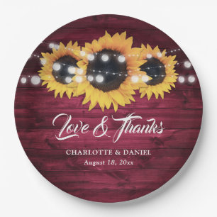 Burgundy Wood Sunflower String Lights Wedding Paper Plates