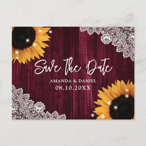 Burgundy Wood Sunflower Wedding Save The Date Postcard