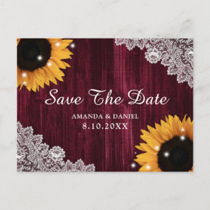 Burgundy Wood Sunflower Wedding Save The Date Postcard