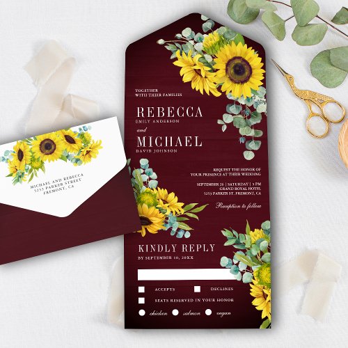 Burgundy Wood Sunflowers and Eucalyptus Wedding All In One Invitation