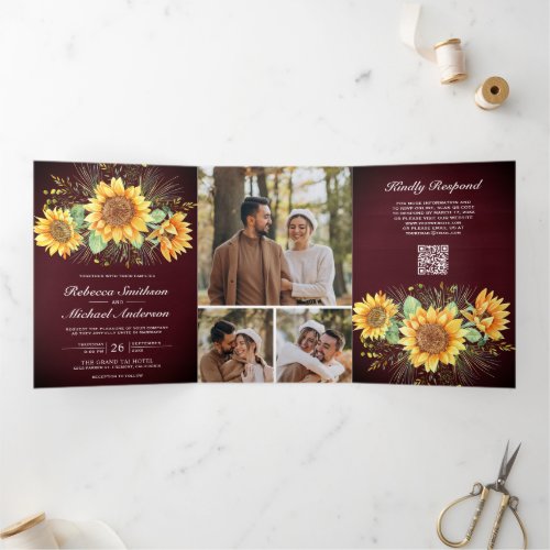 Burgundy Wood Sunflowers Photo QR Code Wedding Tri-Fold Invitation
