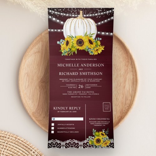 Burgundy Wood Sunflowers White Pumpkin Wedding Tri_Fold Invitation