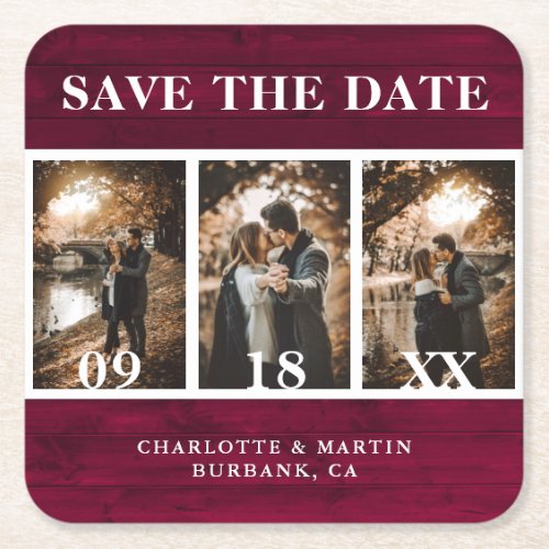 Burgundy Wood Wedding Photo Save The Date Square Paper Coaster