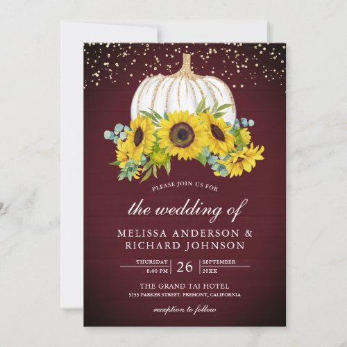 Burgundy Wood White Pumpkin Sunflowers Wedding Invitation