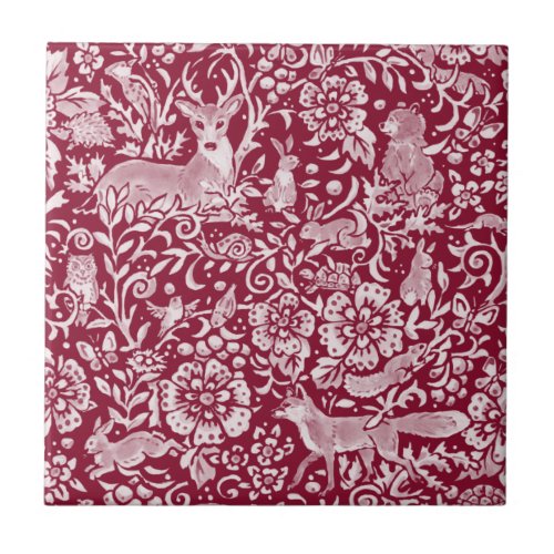 Burgundy Woodland Animal Forest Deer Rabbit Fox Ceramic Tile