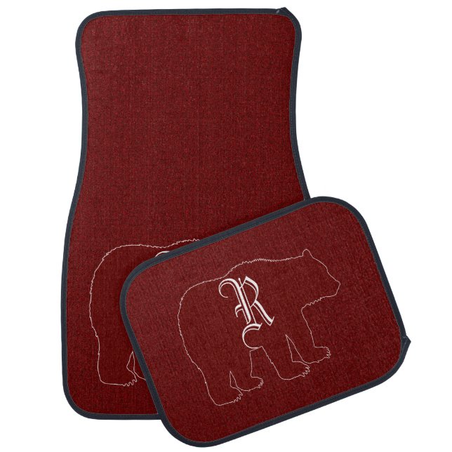 Burgundy Woodland Bear and Monogram Car Floor Mat (Set)