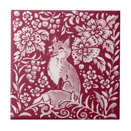 Burgundy Woodland Fox Forest Animal Floral Ceramic Tile