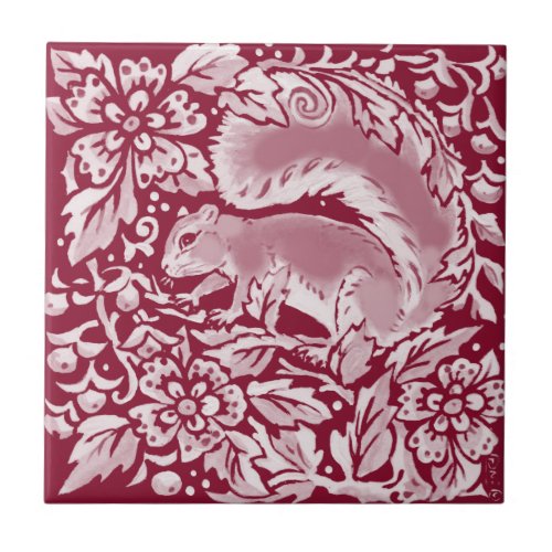 Burgundy Woodland Squirrel Forest Animal Floral   Ceramic Tile