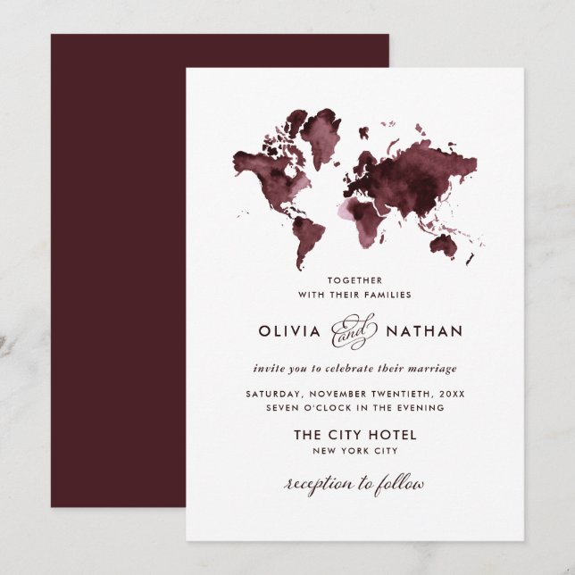 Burgundy World Map | Elegant Travel Theme Wedding Invitation (Front/Back)