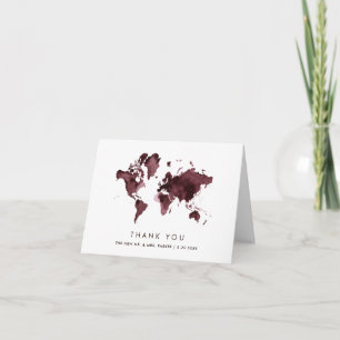 Burgundy World Map   Elegant Travel Theme Wedding Letterpress Thank You Card