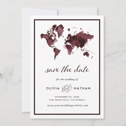 Burgundy World Map  Elegant Travel Theme Wedding Save The Date
