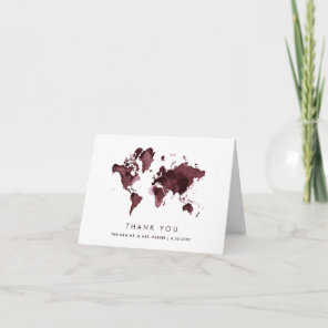 Burgundy World Map | Elegant Travel Theme Wedding Thank You Card