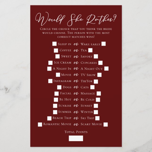 Burgundy Would She Rather Bridal Shower Game (Front)