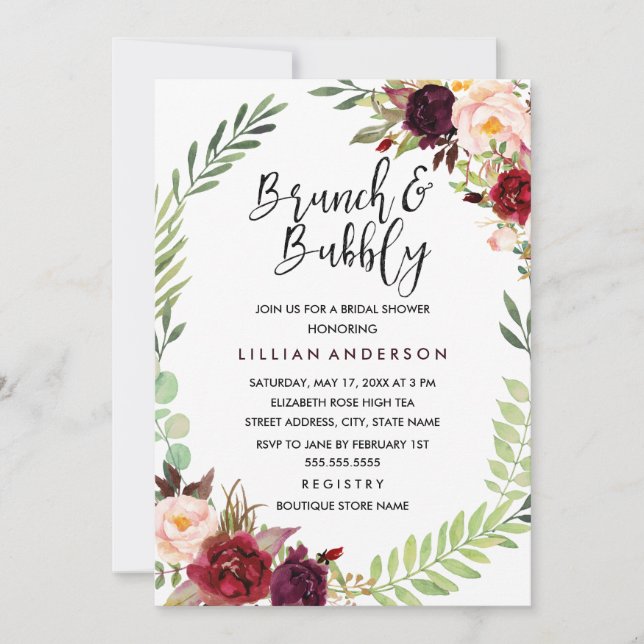 Burgundy Wreath Brunch and Bubbly Bridal Shower Invitation (Front)